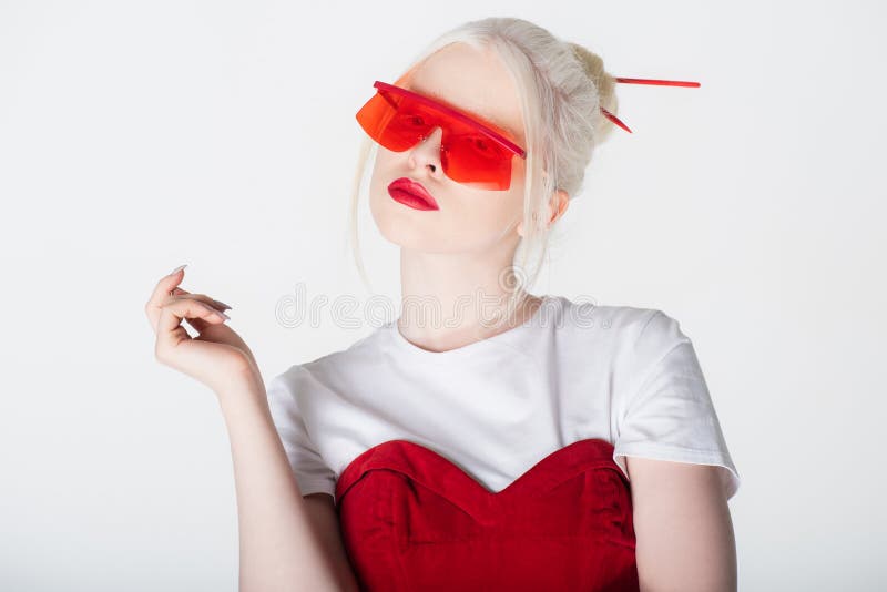 Pretty Albino Model in Red Sunglasses Stock Photo - Image of caucasian ...