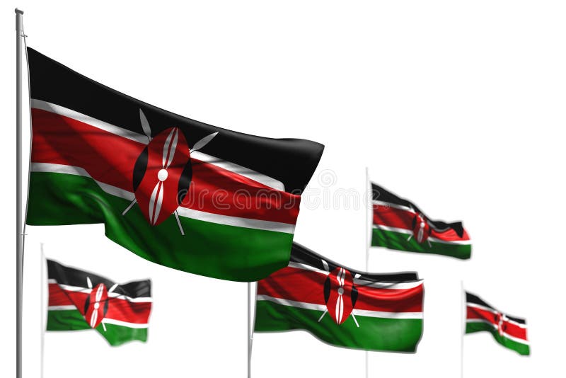 Cute five flags of Kenya are wave isolated on white - picture with soft focus - any occasion flag 3d illustration royalty free illustration