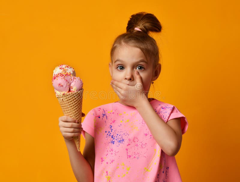 Pretty Baby Girl Kid Eating Licking Banana and Strawberry Ice Cream in ...