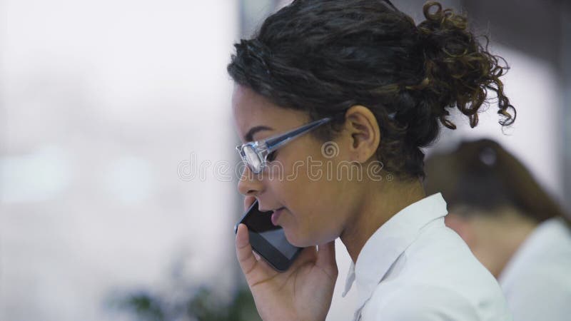 Pretty biracial woman talking on cellphone, persuading client to make a purchase