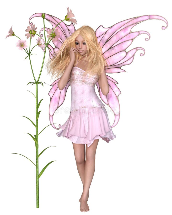 Fantasy illustration of a pretty blonde fairy with pink flowers and wings, 3d digitally rendered illustration