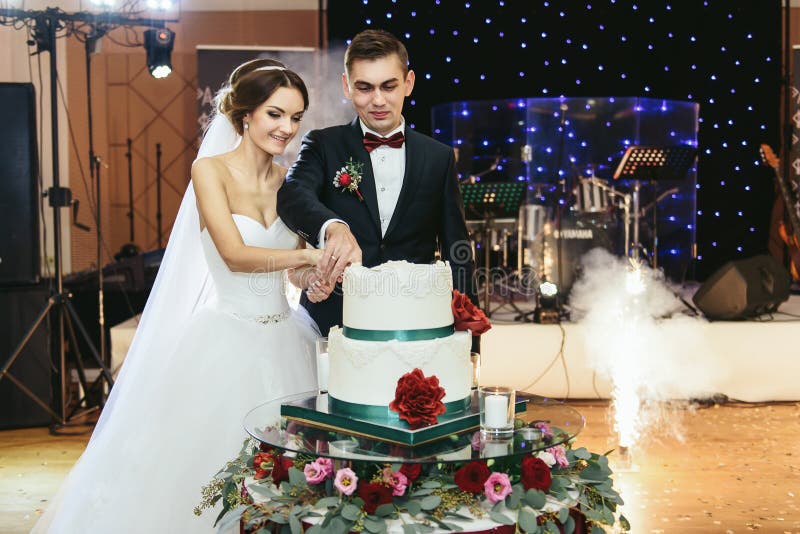 Pretty bride and groom cut the wedding cake at the first time