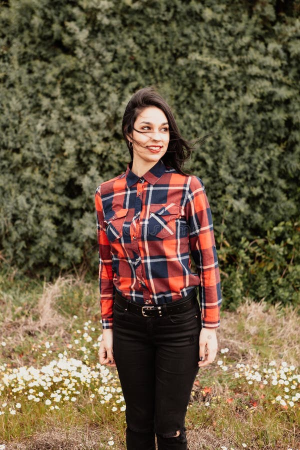 Pretty Brunette Girl with Red Plaid Shirt Stock Image - Image of happy ...