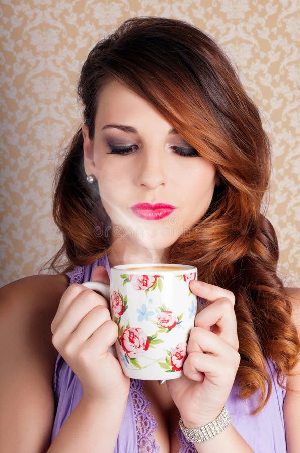 Cute Brunette Woman Drinking Hot Coffee Indoors Stock Image Image Of Coffee Beauty 269766905