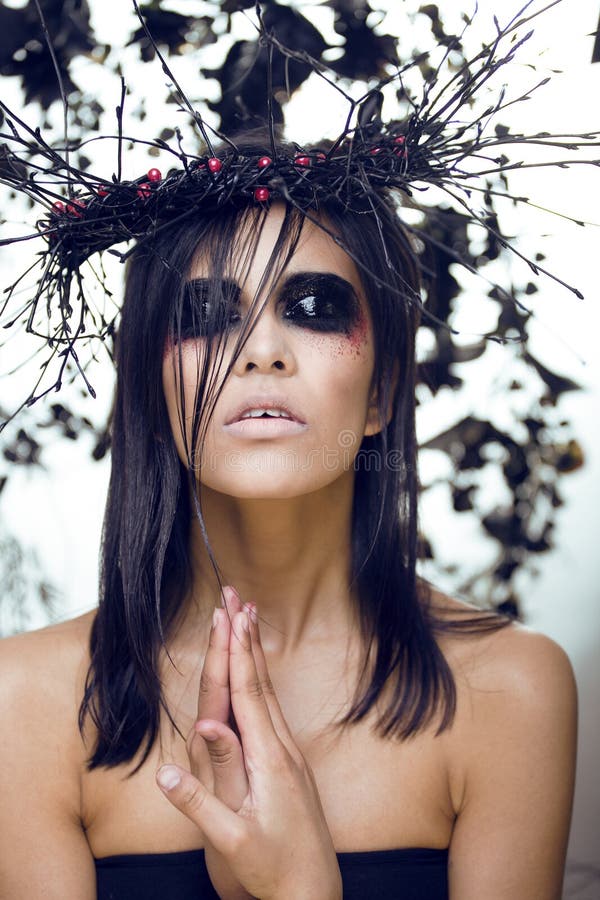 Pretty Brunette Woman With Make Up Like Demon At Halloween Closeup Scary Stock Image Image Of