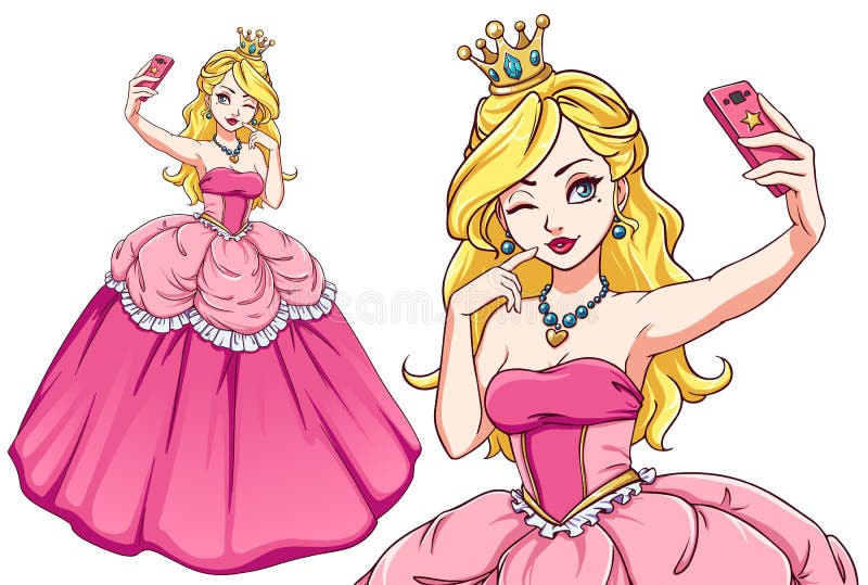 Pretty cartoon princess taking selfie. Blondie girl wearing pink royal dress and golden crown