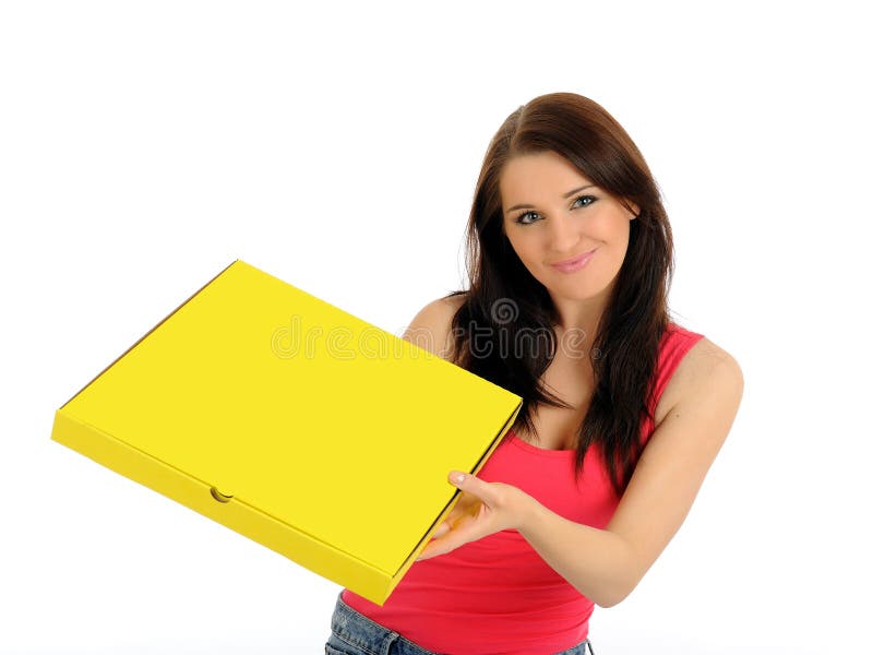 Pretty casual girl with pizza in delivery box