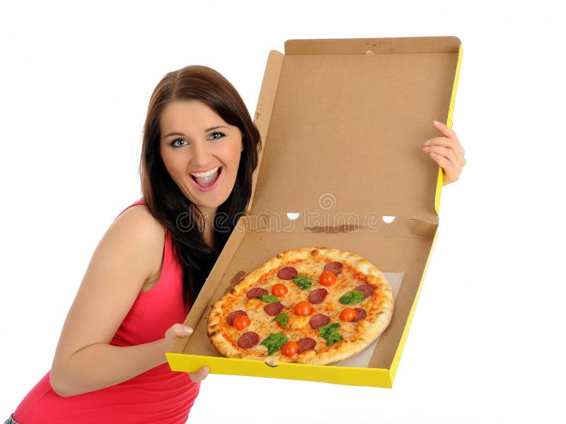 Pretty casual girl with pizza in delivery box