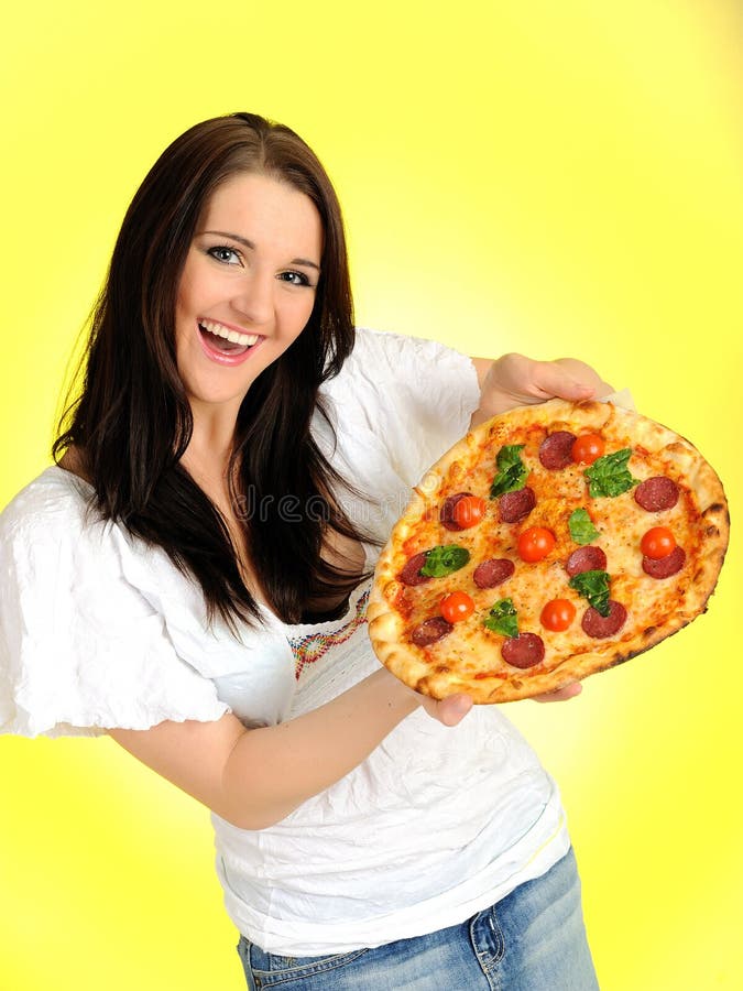 Pretty casual girl with pizza in delivery box