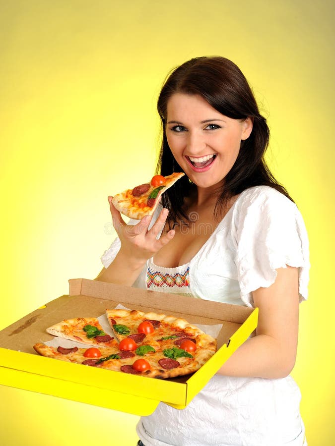 Pretty casual girl with pizza in delivery box