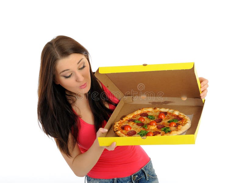 Pretty casual girl with pizza in delivery box