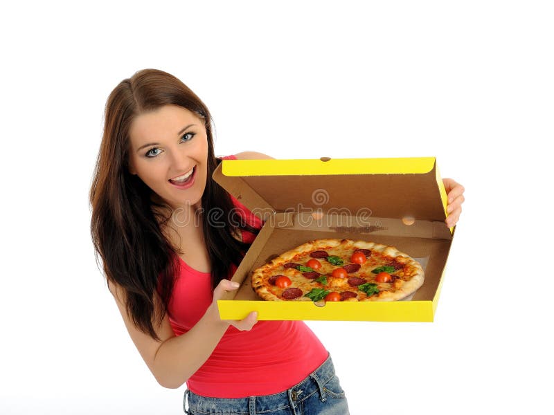 Pretty casual girl with pizza in delivery box