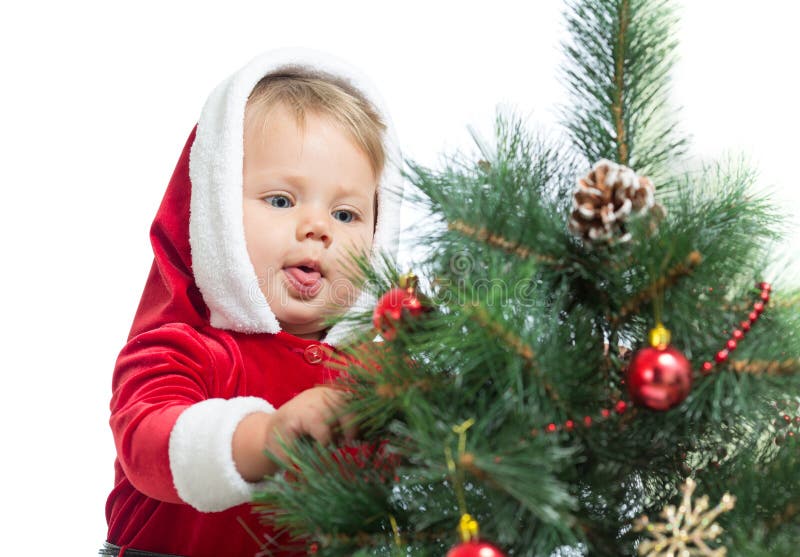 Kid Decorating Christmas Tree on Bright Backdrop Stock Photo Image of