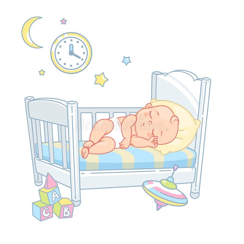 Pretty child in diaper sleep at night. Healthy sleep. White bed, yellow pillow and sheets. Sweet baby boy with teddy toys. Clocks, time to sleep. Kids  bedroom. Color vector illustration. Pretty child in diaper sleep at night. Healthy sleep. White bed, yellow pillow and sheets. Sweet baby boy with teddy toys. Clocks, time to sleep. Kids  bedroom. Color vector illustration