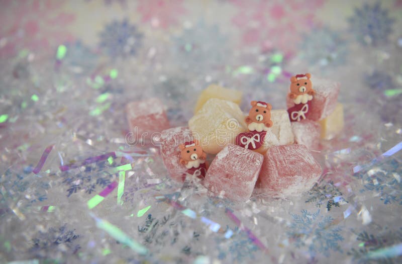 Pretty Christmas food photography picture of turkish delight jelly treats and cute teddy bear stocking iced decorations royalty free stock images Pretty Christmas food photography picture of turkish delight jelly treats and cute teddy bear stocking iced decorations royalty free stock images