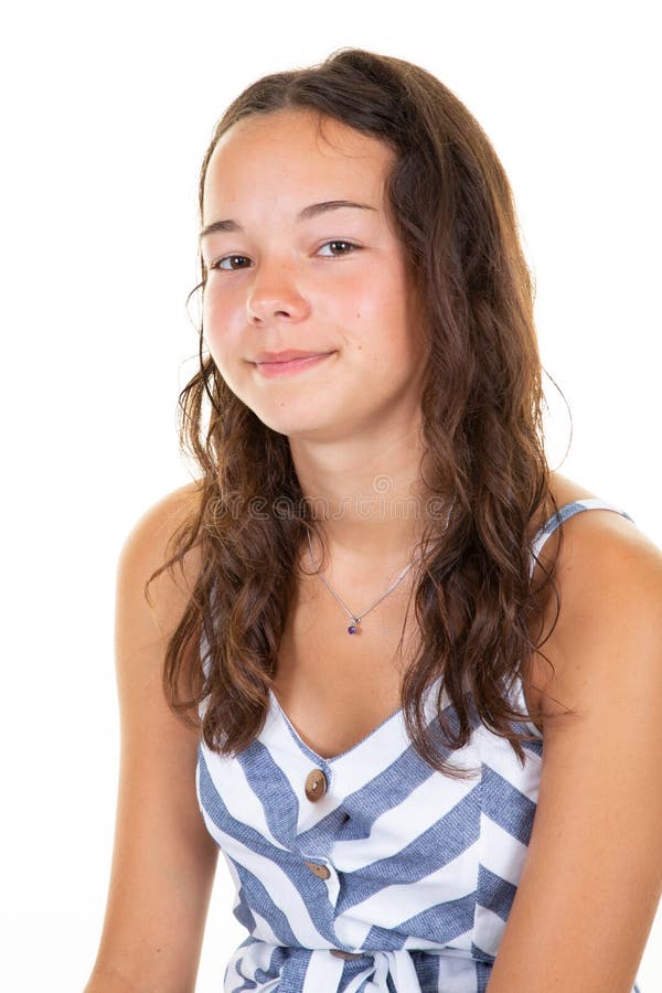 Pretty Curly Brunette Teenage Girl in Fashion Clothes Over White ...