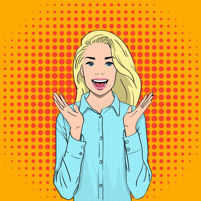 Pretty Excited Surprised Blonde Woman Happy Smile Pop Art Colorful Retro Style