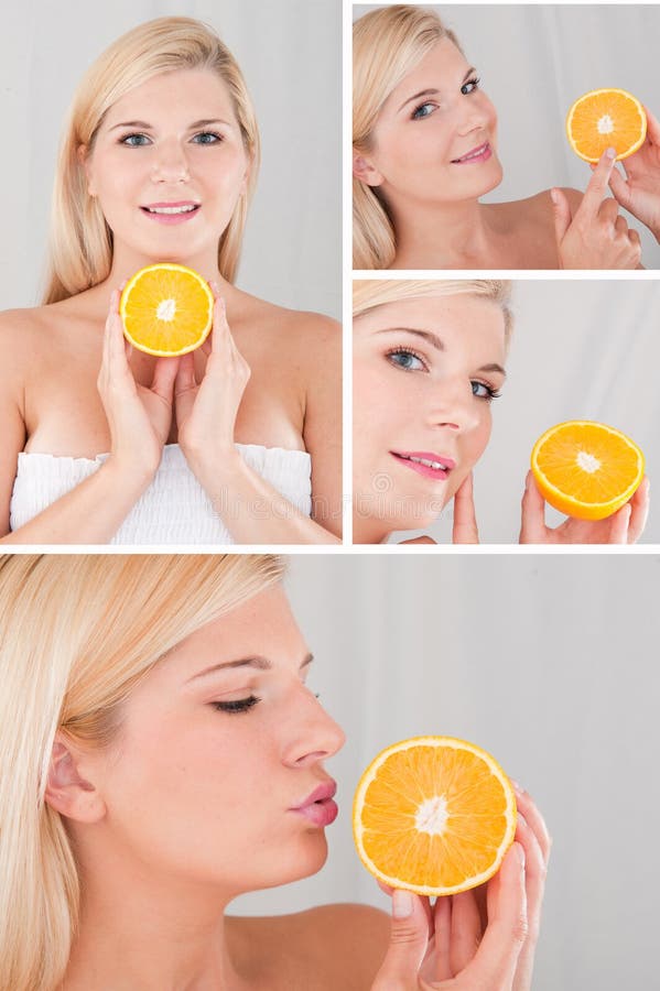 Pretty female with citrus orange fruit collage