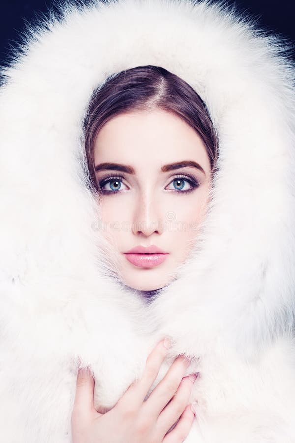 Pretty Female Face in White Fur. Young Fashion Model Stock Photo ...
