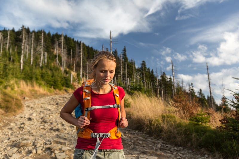 Pretty, Female Hiker Going Downhill Stock Image - Image of enjoyment ...