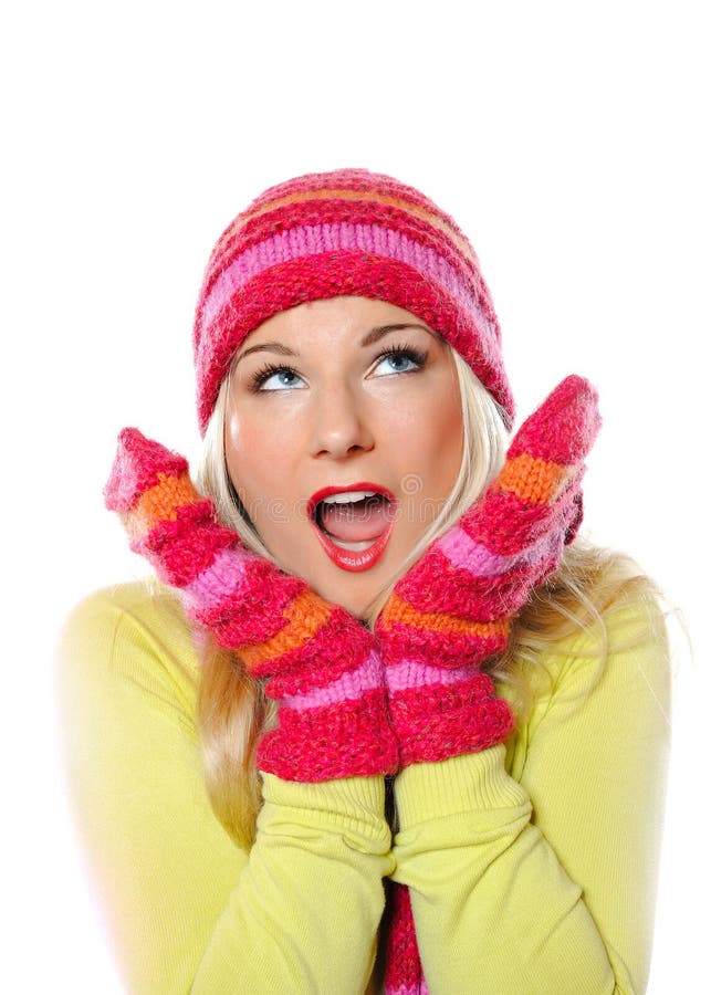 pretty funny winter woman in hat and gloves
