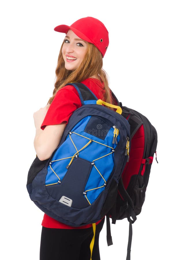 Pretty Girl with Backpack Isolated on the White Stock Image Image of