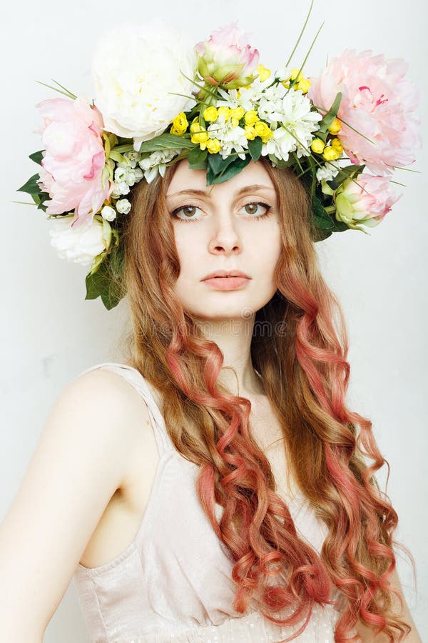 Pretty Girl with Flower Crown on Head Stock Photo - Image of glamour ...