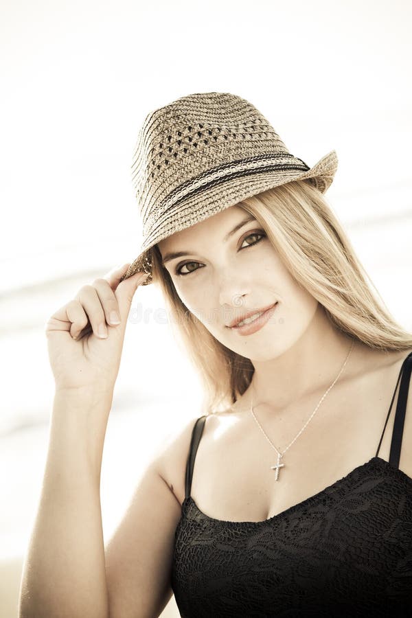 Pretty girl with hat stock photo. Image of feminine, outdoor 16987080