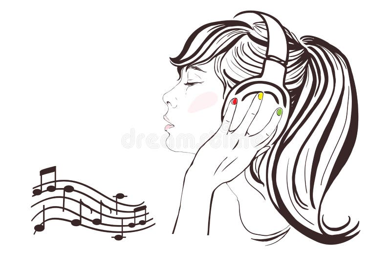 Pretty Girl in Headphones. Hand-drawn Illustration Stock Vector