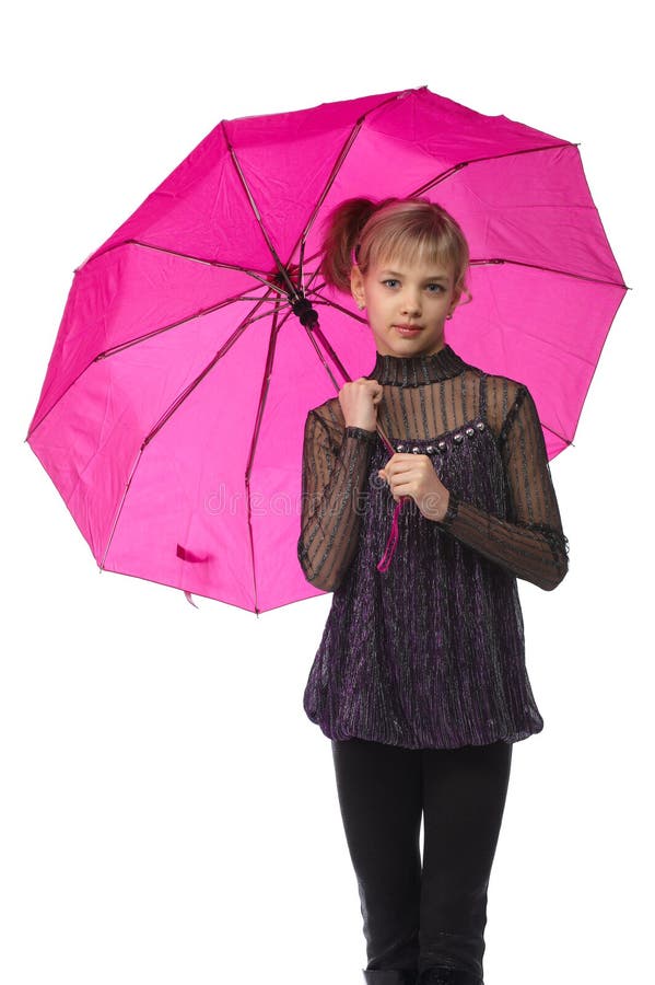 Pretty girl with pink umbrella. Isolated