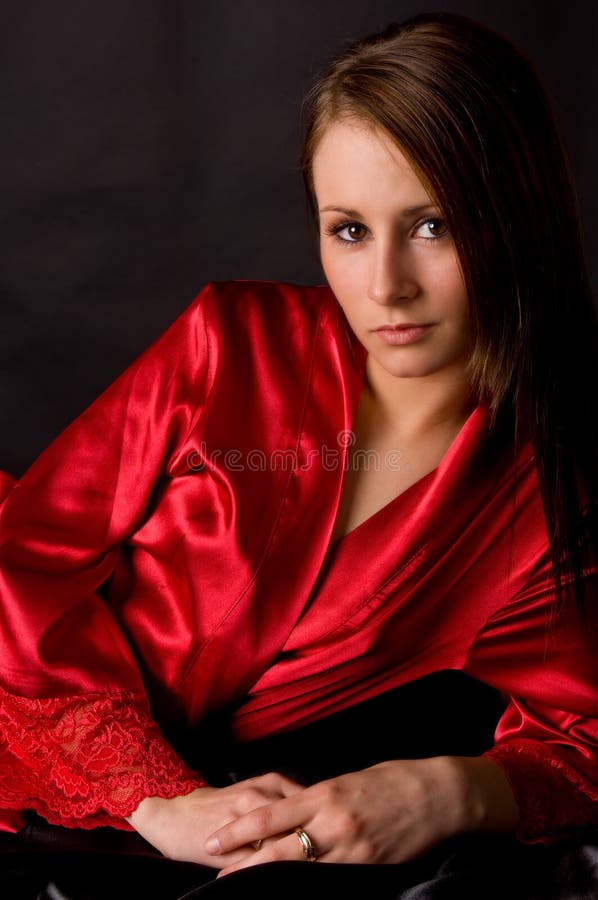 Pretty Girl Red Robe Black Satin Full Stock Photo - Image of petite, woman:  4717382