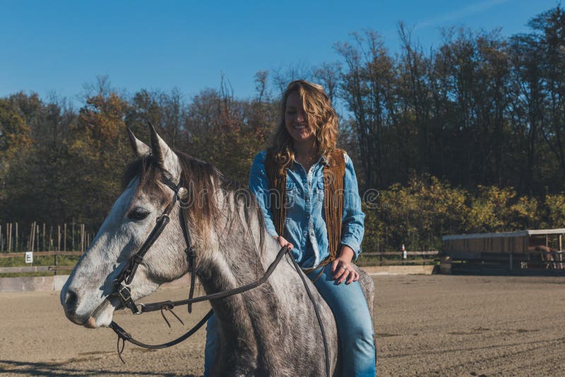 Pretty Girl Riding Her Grey Horse Stock Image - Image of animal, female ...