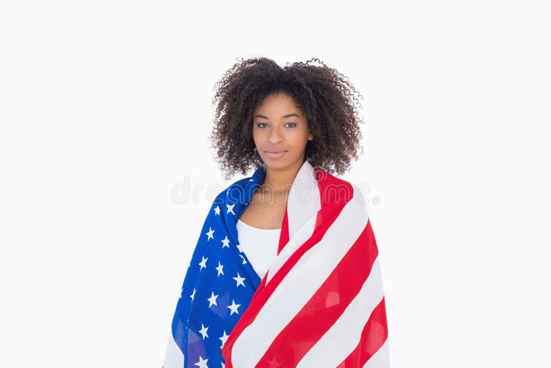 Pretty Girl Wrapped In American Flag Looking At Camera Stock Image ...
