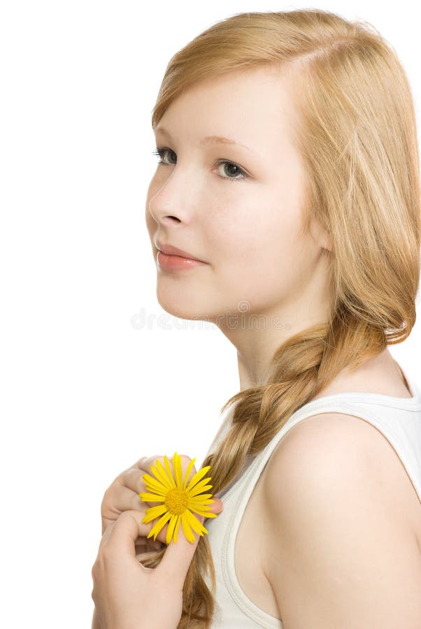 A Pretty Girl with a Yellow Flower, Isolated Stock Photo Image of