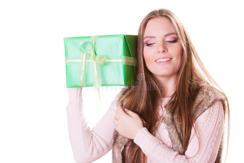 Pretty happy woman with box gift. Birthday. stock photo Pretty happy woman with box gift. Birthday. stock photo