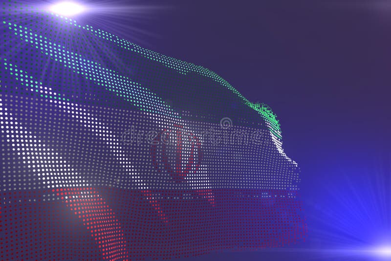 Pretty hi-tech colorful picture of Iran flag made of dots waving on purple with place for content - any occasion flag 3d stock illustration