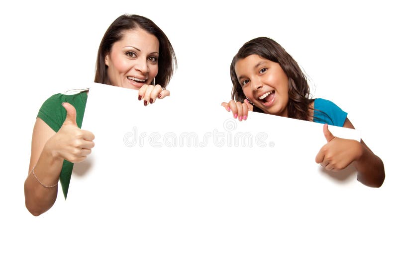 Pretty Hispanic Girl and Mother Holding Board