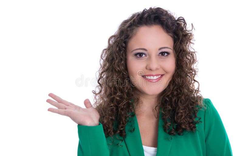 Pretty Isolated Businesswoman In Green Presenting And Showing Wi Stock
