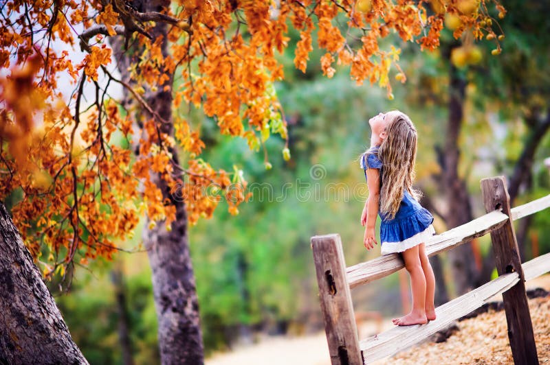 Pretty little girl on beauty autumn landscape background