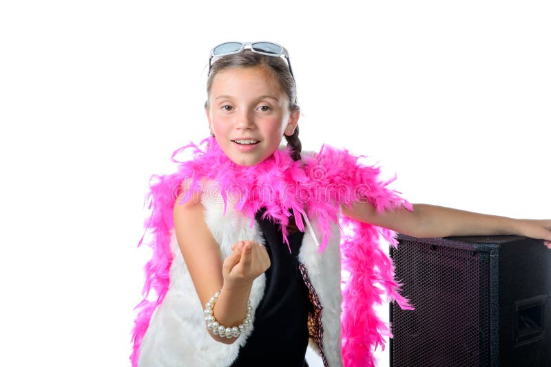 A pretty little girl with a pink feather boa.