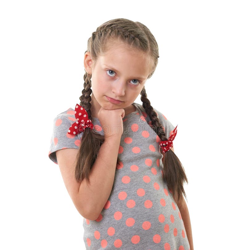 Pretty little girl studio portrait, white background