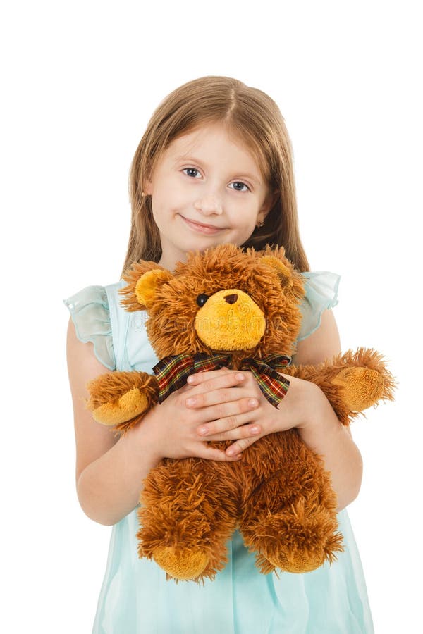 Pretty Little Girl with Teddy Bear Isolated Stock Image - Image of ...