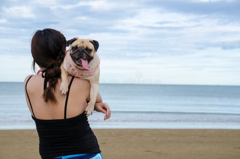 Pretty lonely asia girl hold a cute dog puppy pug against beach and sky background