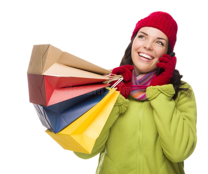 Pretty Mixed Race Woman Holding Shopping Bags On Cell Phone Looking Up