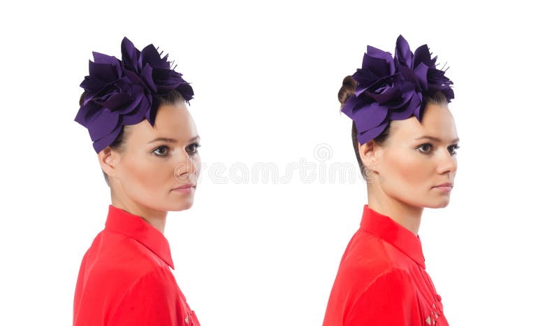 The pretty model with purple head accessory isolated on white stock image The pretty model with purple head accessory isolated on white stock image