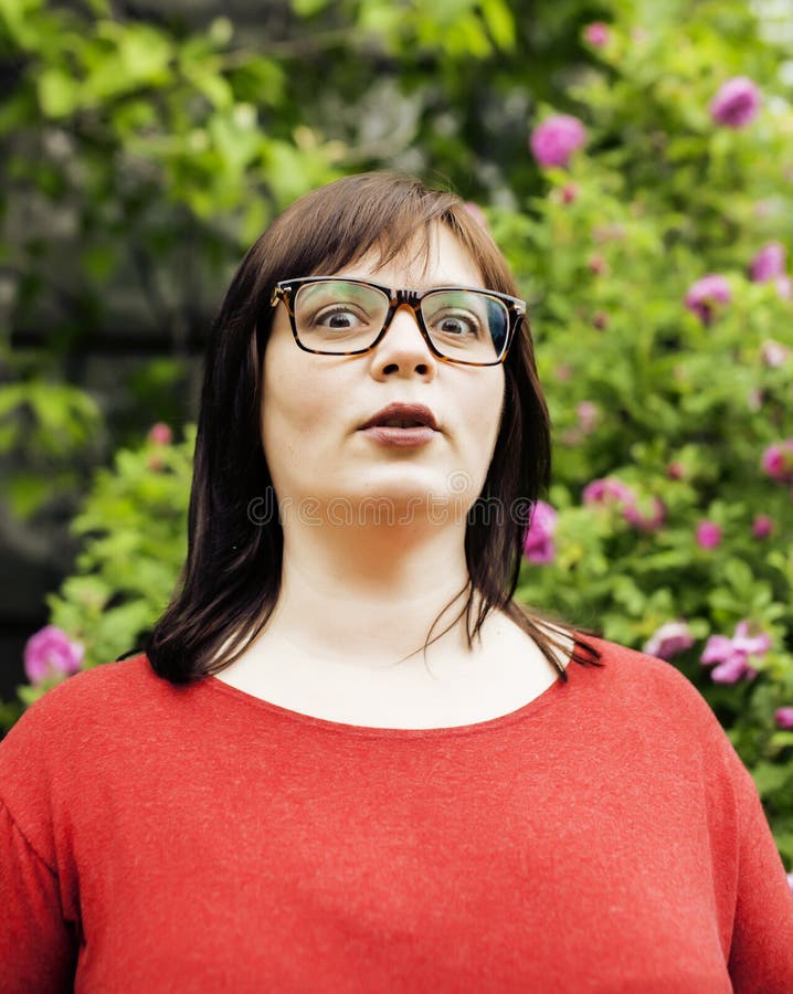 Pretty Modern Mature Fat Woman Outside Wearing Glasses Emotional Posing 