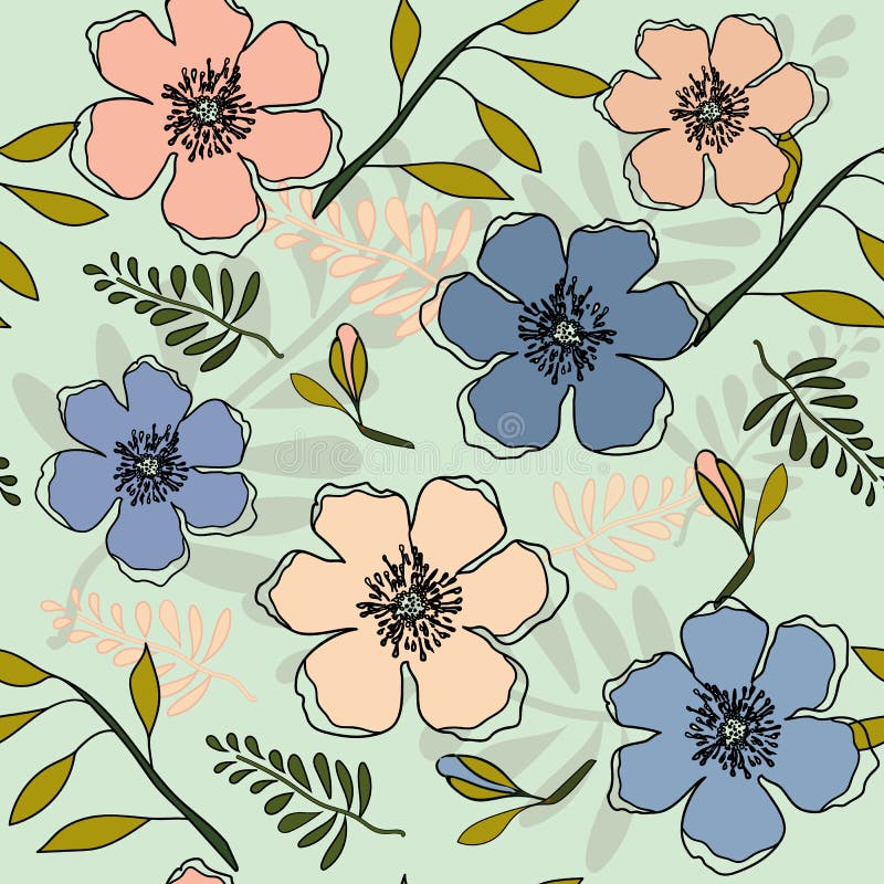 Pretty Peach and Blue Floral Repeat Print Pattern in Vector Stock