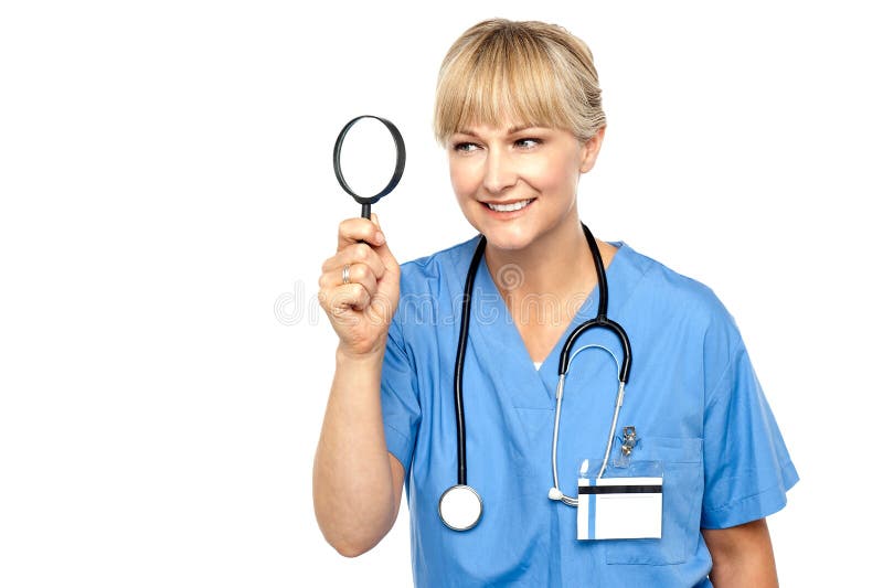 Pretty Physician Looking Through Magnifying Glass Stock Photo Image