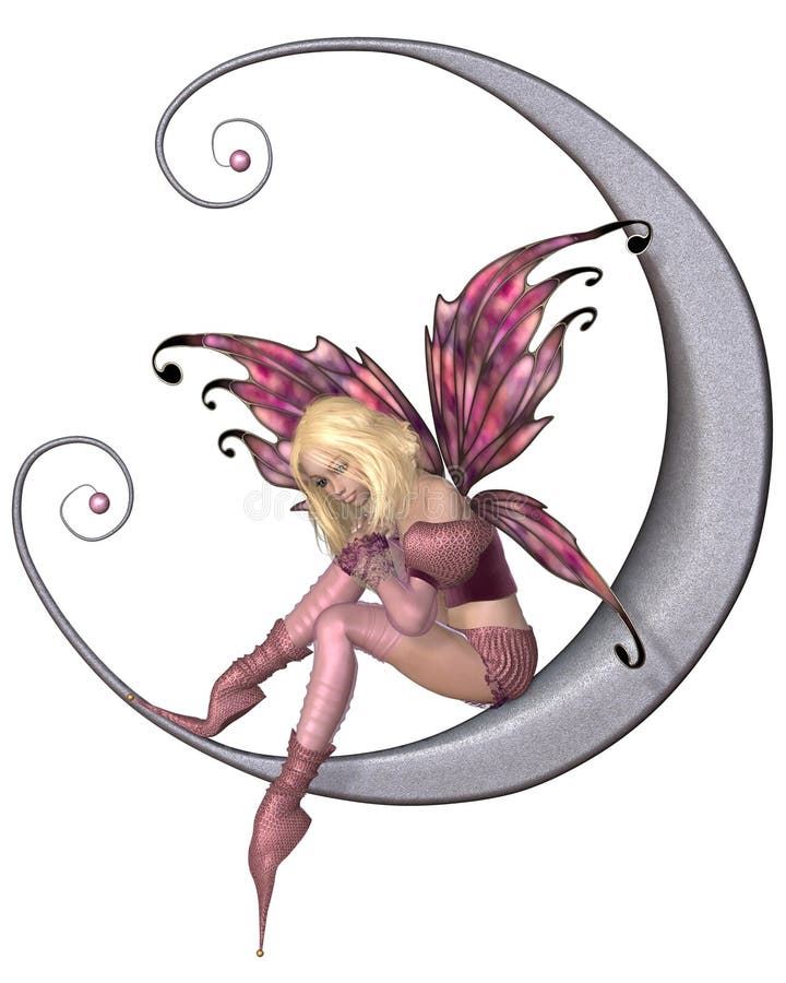 Fairy dressed in pink sitting on a silver moon, 3d digitally rendered illustration. Fairy dressed in pink sitting on a silver moon, 3d digitally rendered illustration