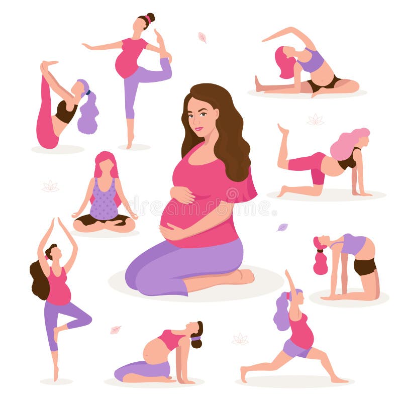Pretty pregnant woman doing yoga, having healthy lifestyle and relaxation, exercises for pregnant women vector flat illustration. Happy and healthy pregnancy concept isolated on white background